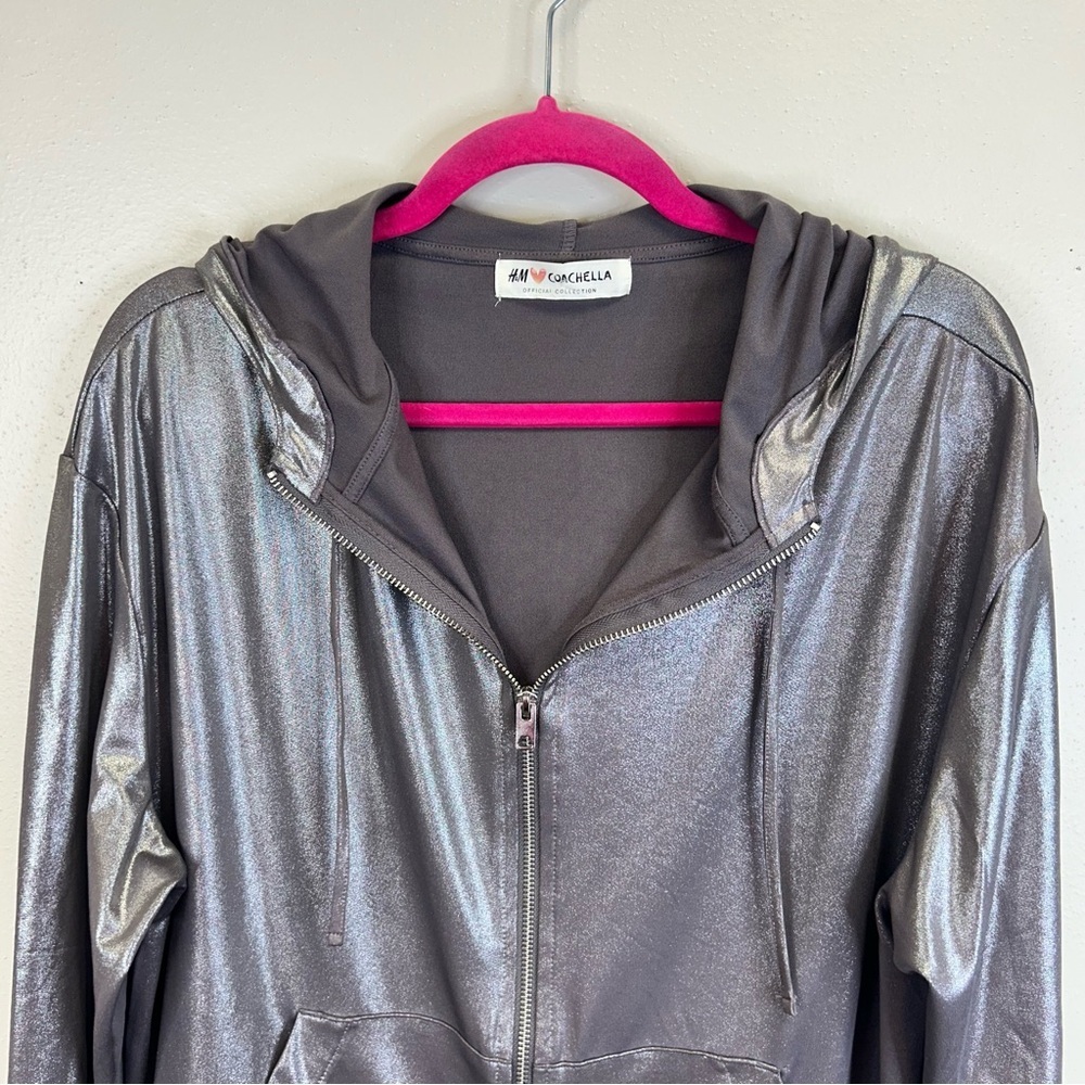 Metallic Gray Hooded Bomber Jacket XL 2X Futuristic Festival Pockets Coachella - Picture 5 of 14